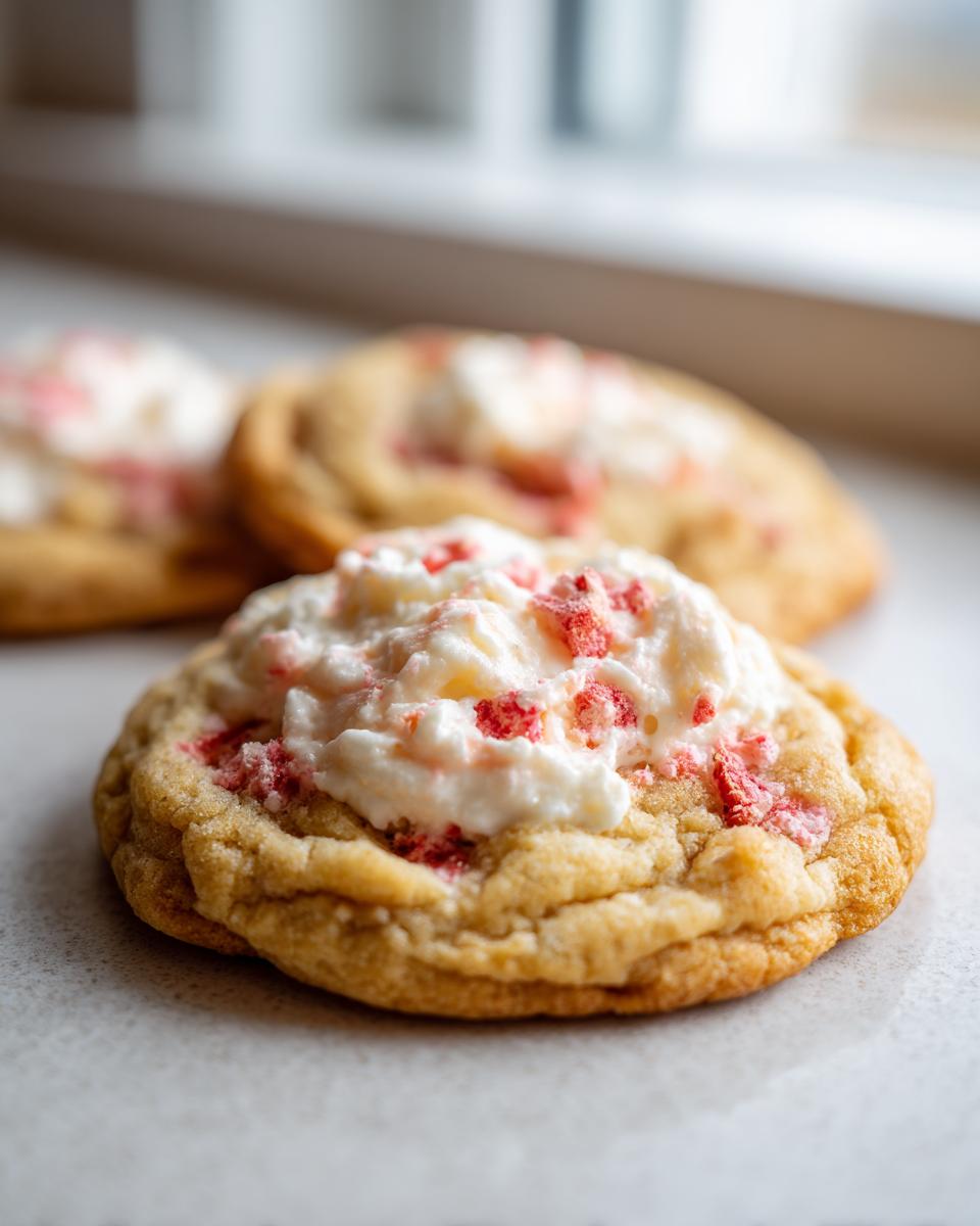 Close-up of delicious Strawberry Cheesecake Cookies topped with creamy frosting and dried strawberry pieces.