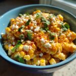 Close-up of a vibrant Street Corn salad in a blue bowl, topped with crumbled cheese, cilantro, and chili powder.