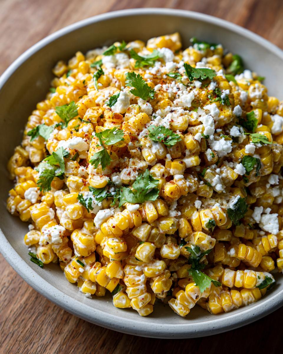 Close-up of a bowl filled with vibrant Street Corn Fiesta Salad, topped with crumbled cheese and cilantro.