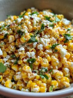 A close-up of a bowl filled with vibrant Street Corn salad, topped with crumbled cheese and fresh cilantro.