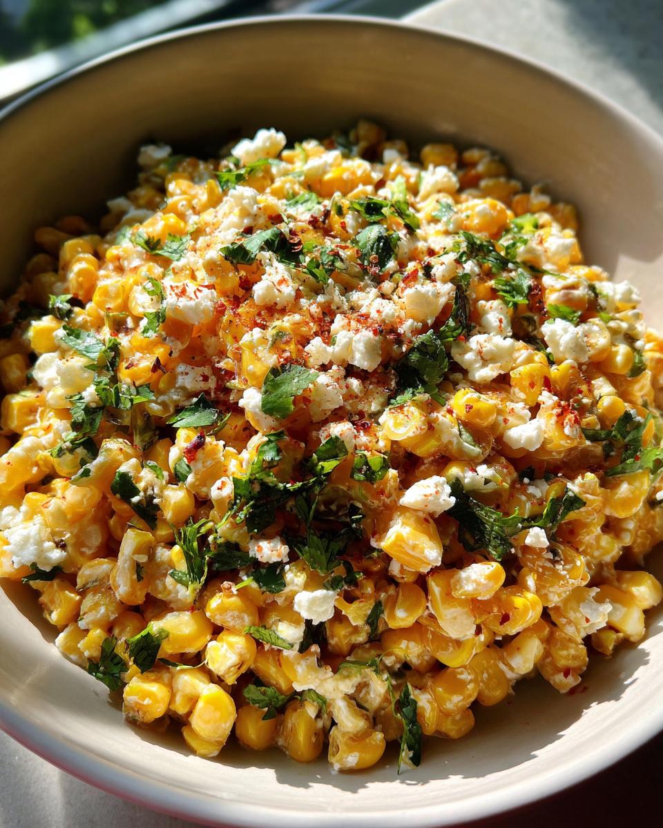 Close-up of a bowl of vibrant Street Corn salad, topped with crumbled cheese, cilantro, and chili flakes.