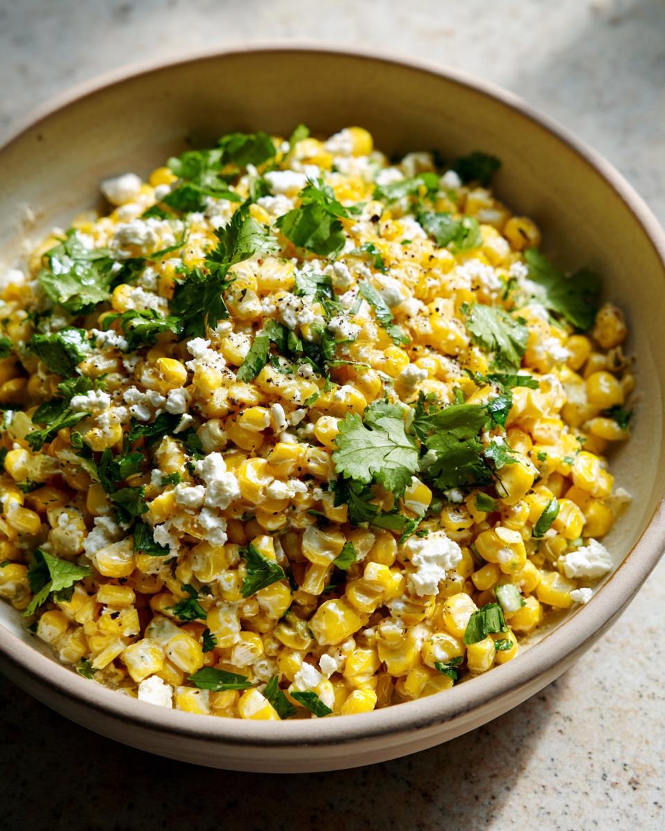Close-up of a bowl filled with vibrant Street Corn salad, topped with crumbled cheese and fresh cilantro.