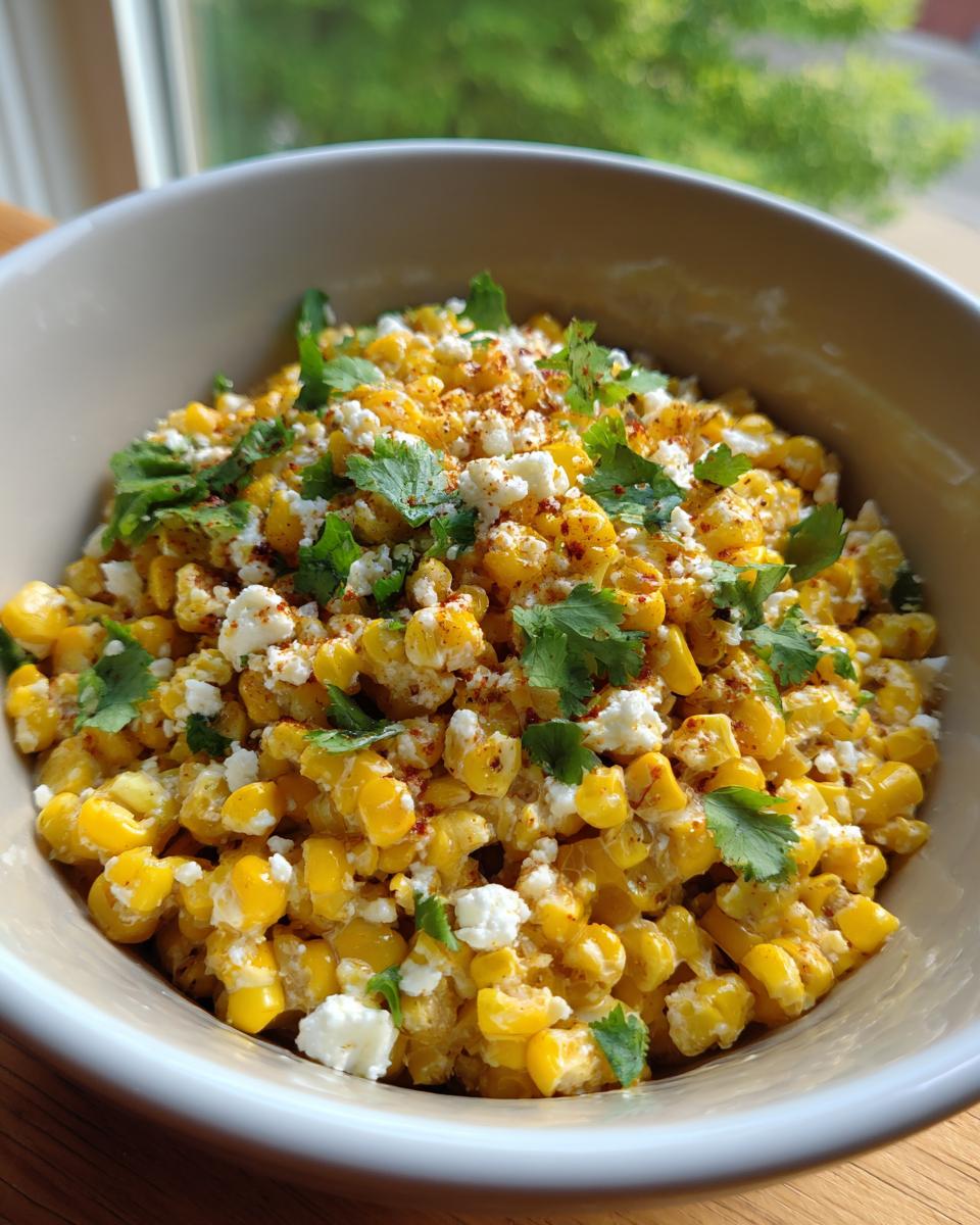 A close-up of a bowl of vibrant Street Corn salad, topped with crumbled cheese and fresh cilantro.