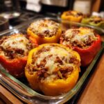 Close-up of baked stuffed bell peppers filled with meat and rice, topped with melted cheese.