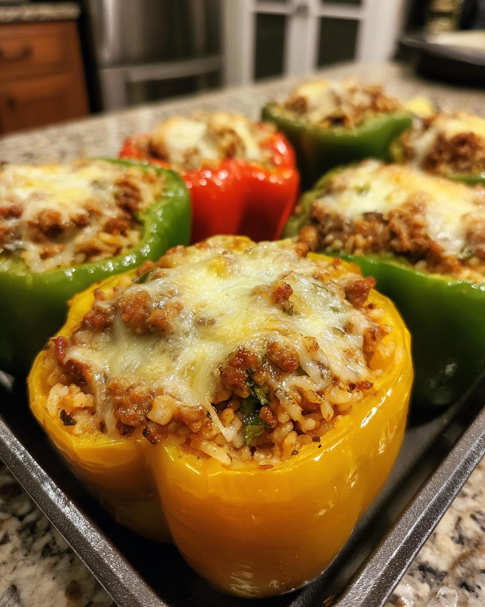 A close-up of colorful stuffed bell peppers filled with a savory mixture and topped with melted cheese.