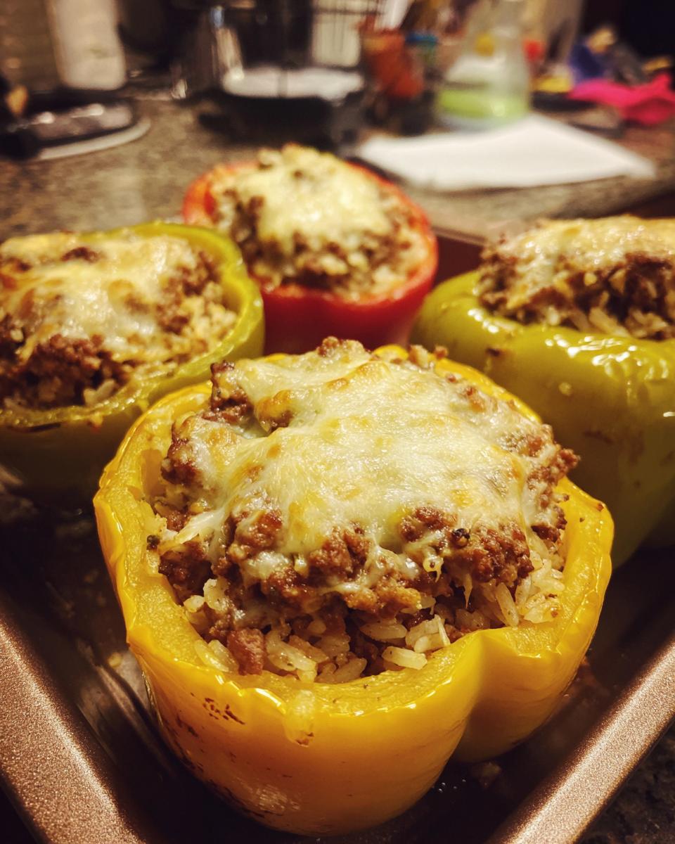 Close-up of colorful stuffed bell peppers, filled with rice and meat, topped with melted cheese.