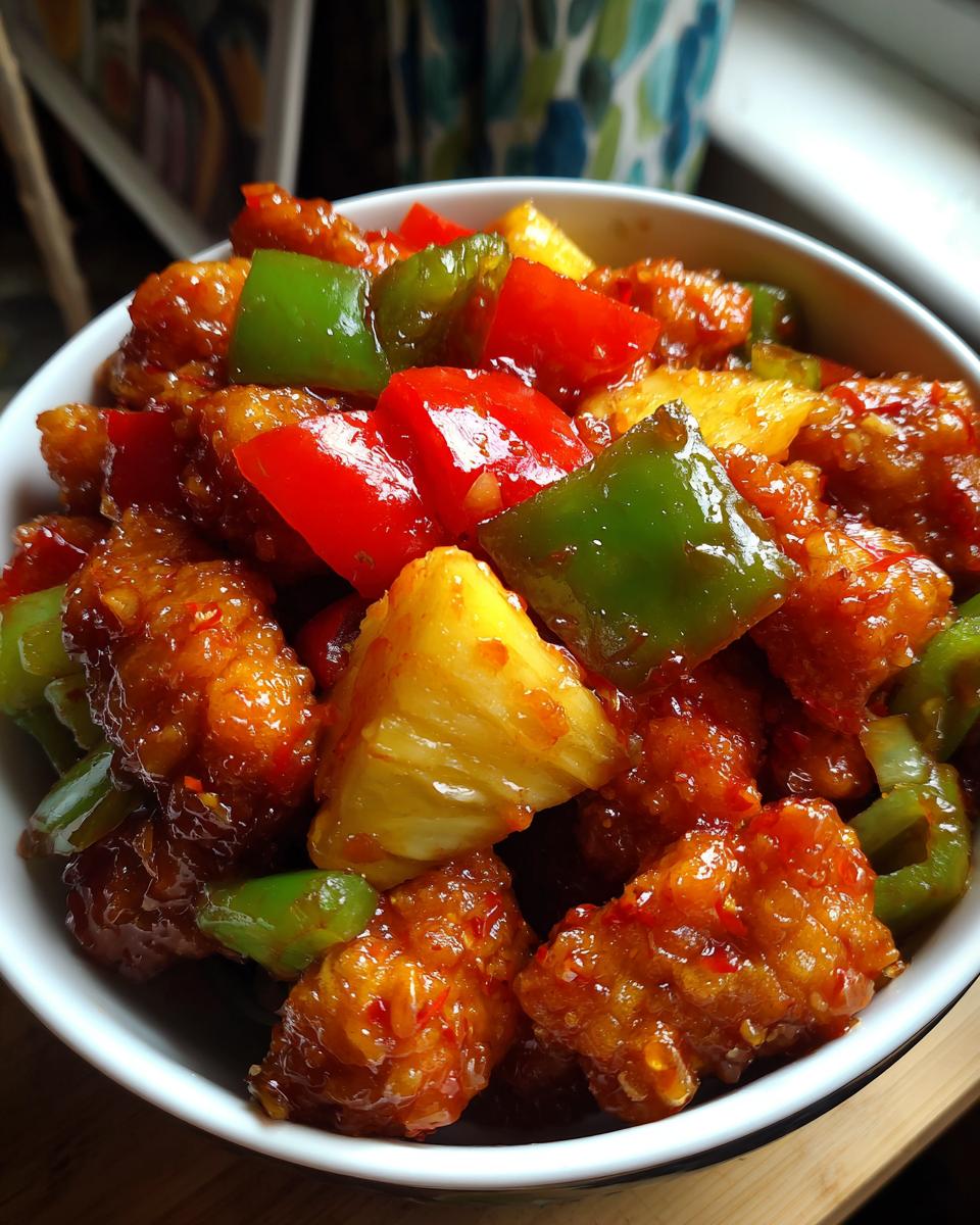 A close-up of a bowl filled with glistening Sweet and Sour Chicken pieces, pineapple chunks, and vibrant red and green bell peppers.