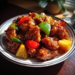 A close-up of a plate piled high with glistening Sweet and Sour Chicken, featuring chunks of chicken, red and green bell peppers, and pineapple.