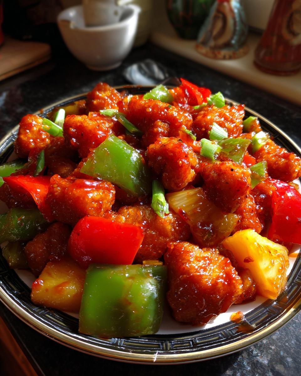 A close-up of vibrant Sweet and Sour Chicken with chunks of red and green bell peppers and pineapple.