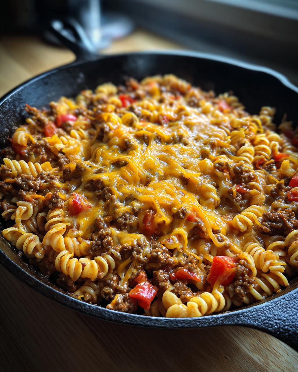Close-up of a cast iron skillet filled with Taco Mac Skillet, featuring rotini pasta, seasoned ground beef, diced tomatoes, and melted cheddar cheese.