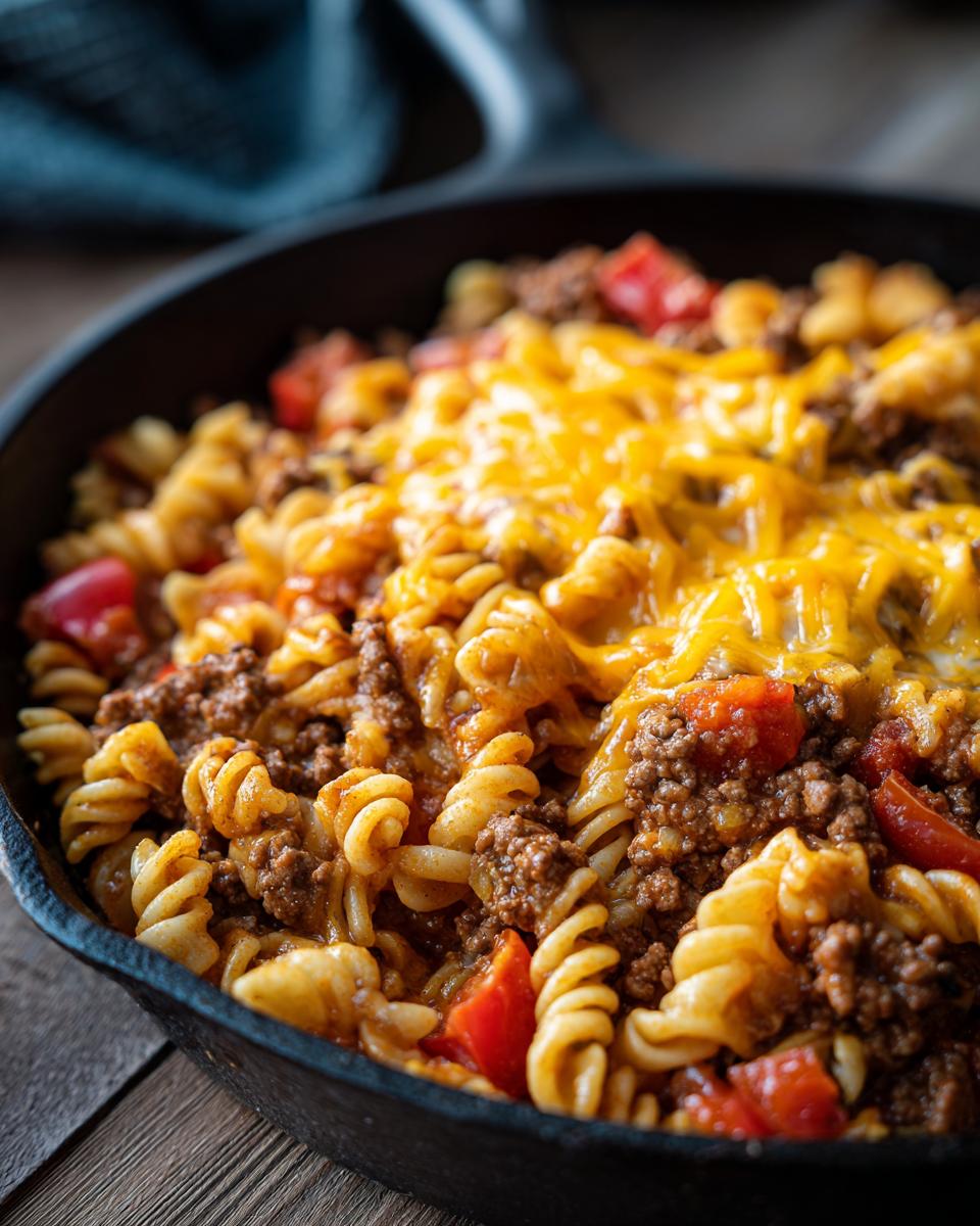 A close-up of a cast-iron skillet filled with cheesy Taco Mac Skillet, featuring rotini pasta, seasoned ground beef, and diced tomatoes.