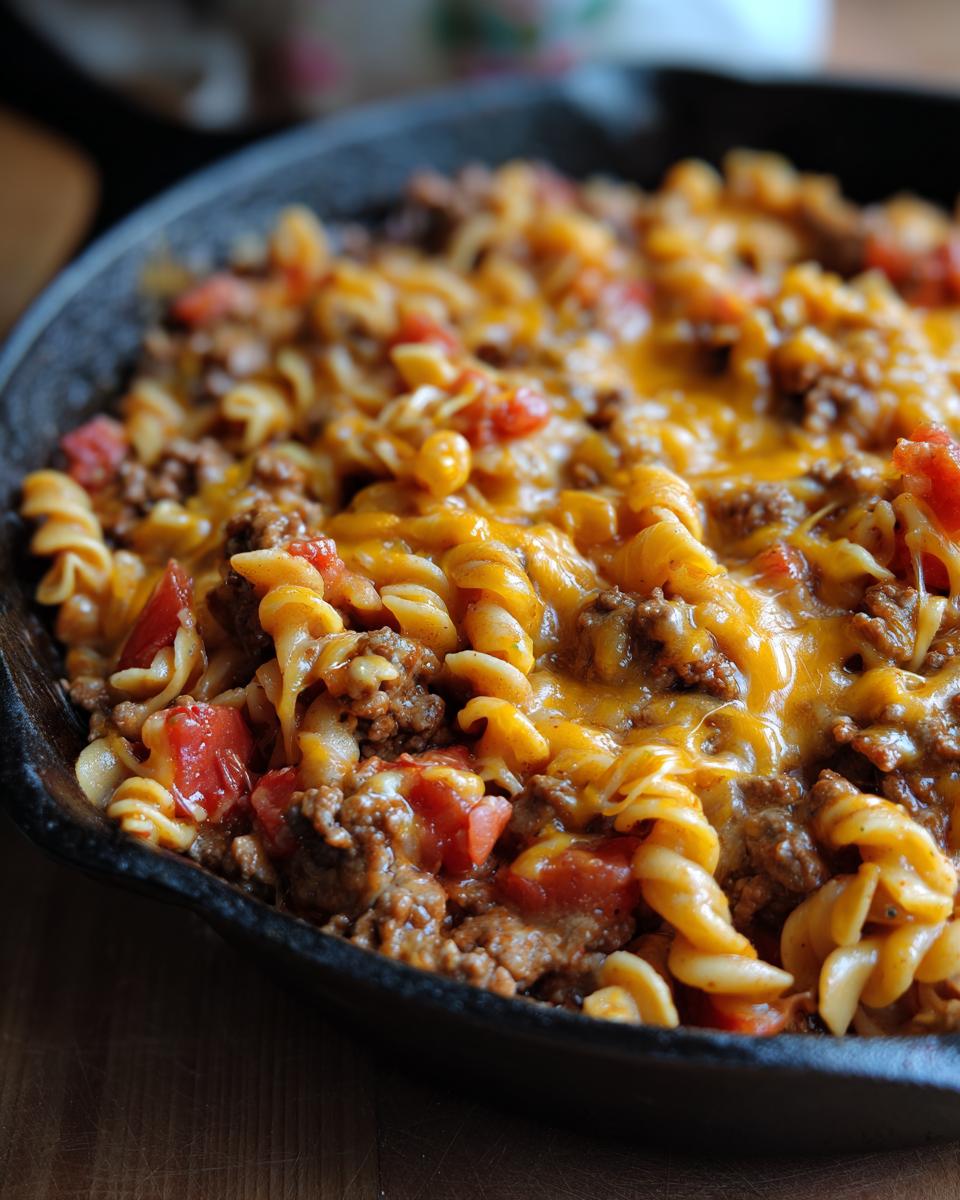 Close-up of a cheesy Taco Mac Skillet in a cast iron pan, featuring pasta, ground beef, and diced tomatoes.