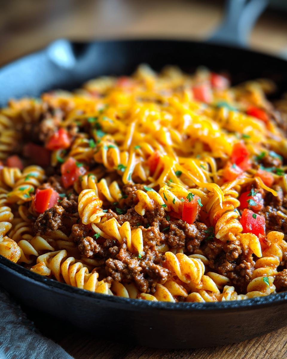 Close-up of a cast iron skillet filled with Taco Mac Skillet, featuring rotini pasta, seasoned ground beef, diced tomatoes, and melted cheddar cheese.
