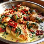 Close-up of tender Tuscan Chicken in a rich cream sauce with sun-dried tomatoes and spinach.