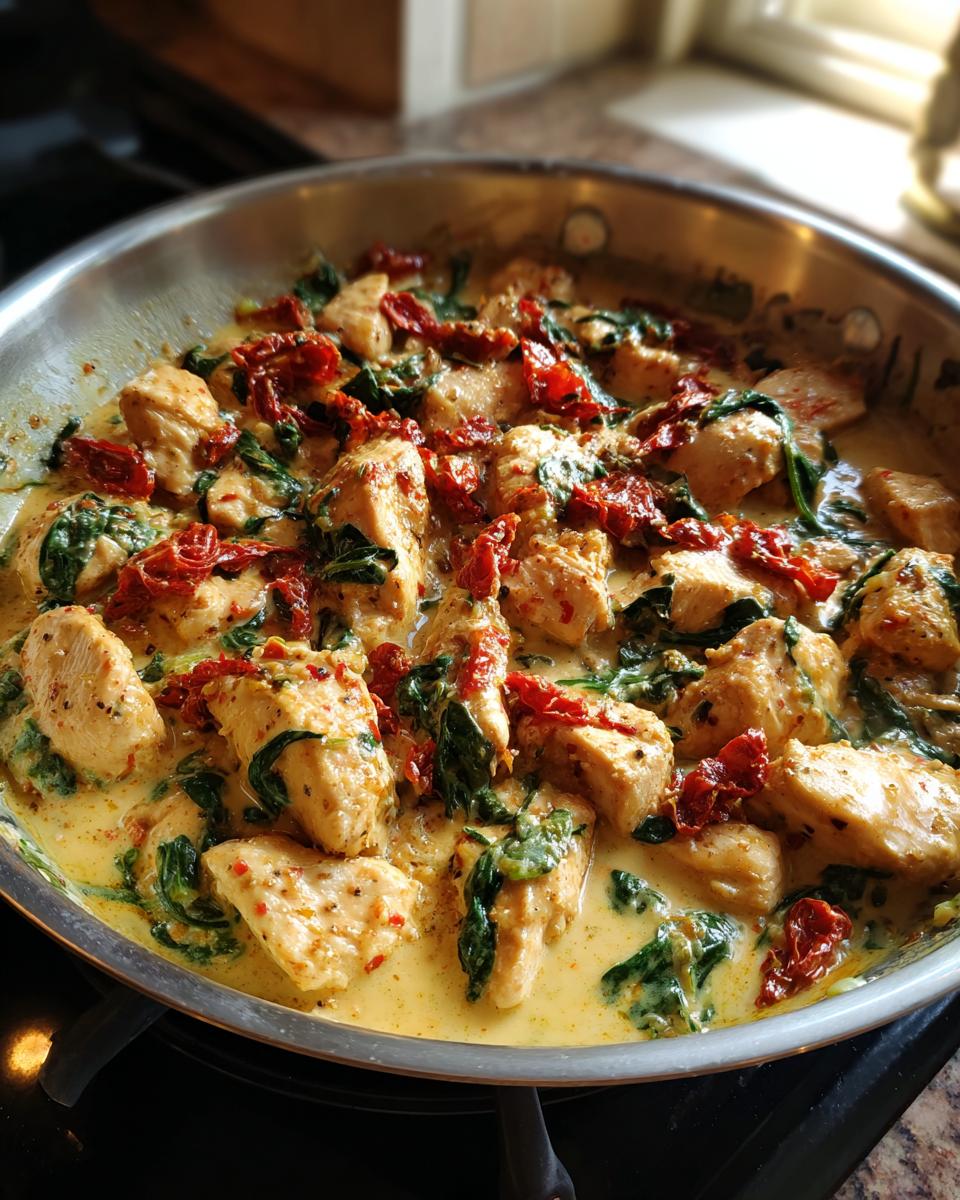 Close-up of delicious Tuscan Chicken in Cream Sauce with sun-dried tomatoes and spinach in a skillet.