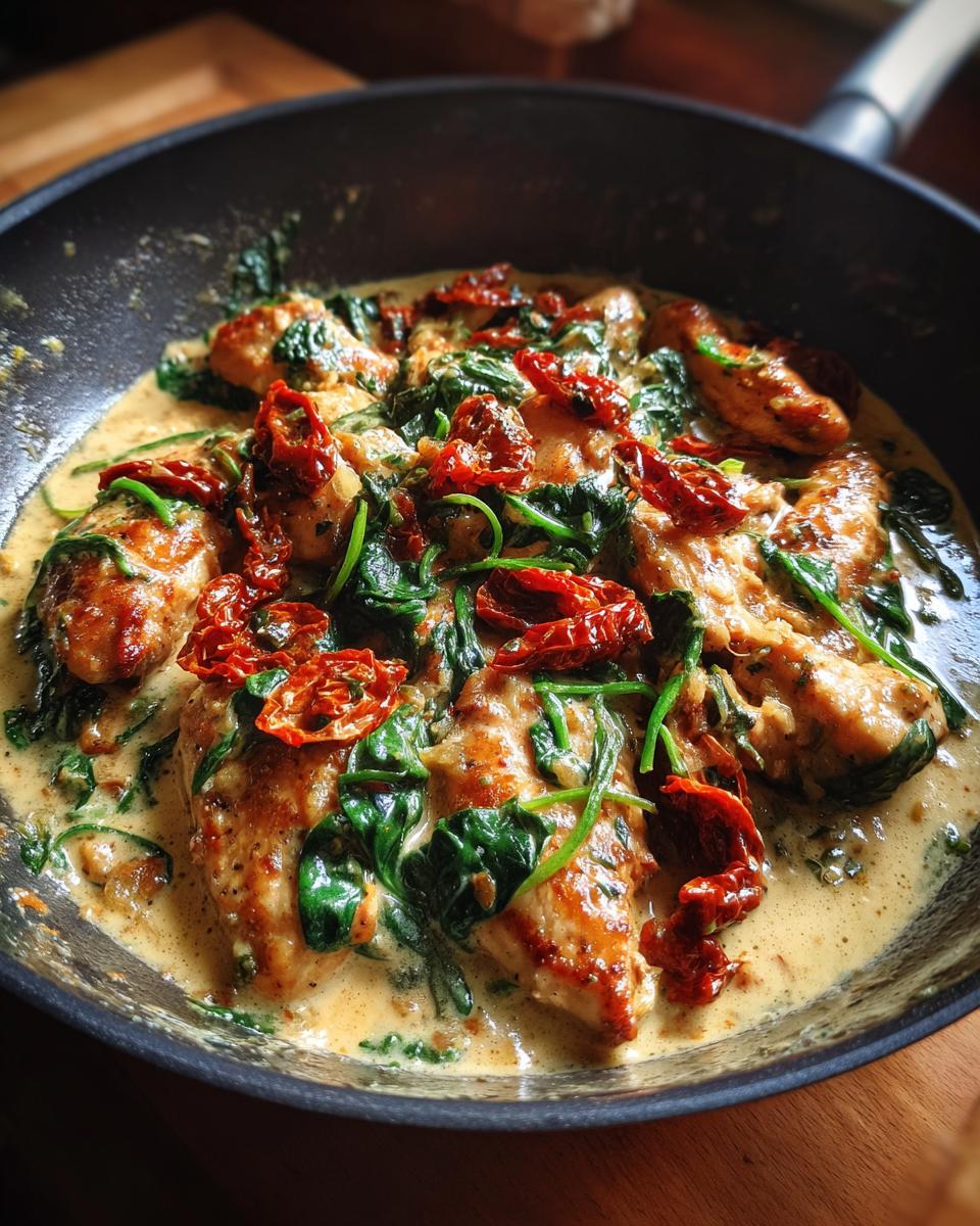 Close-up of tender Tuscan Chicken in a creamy sauce with spinach and sun-dried tomatoes in a skillet.