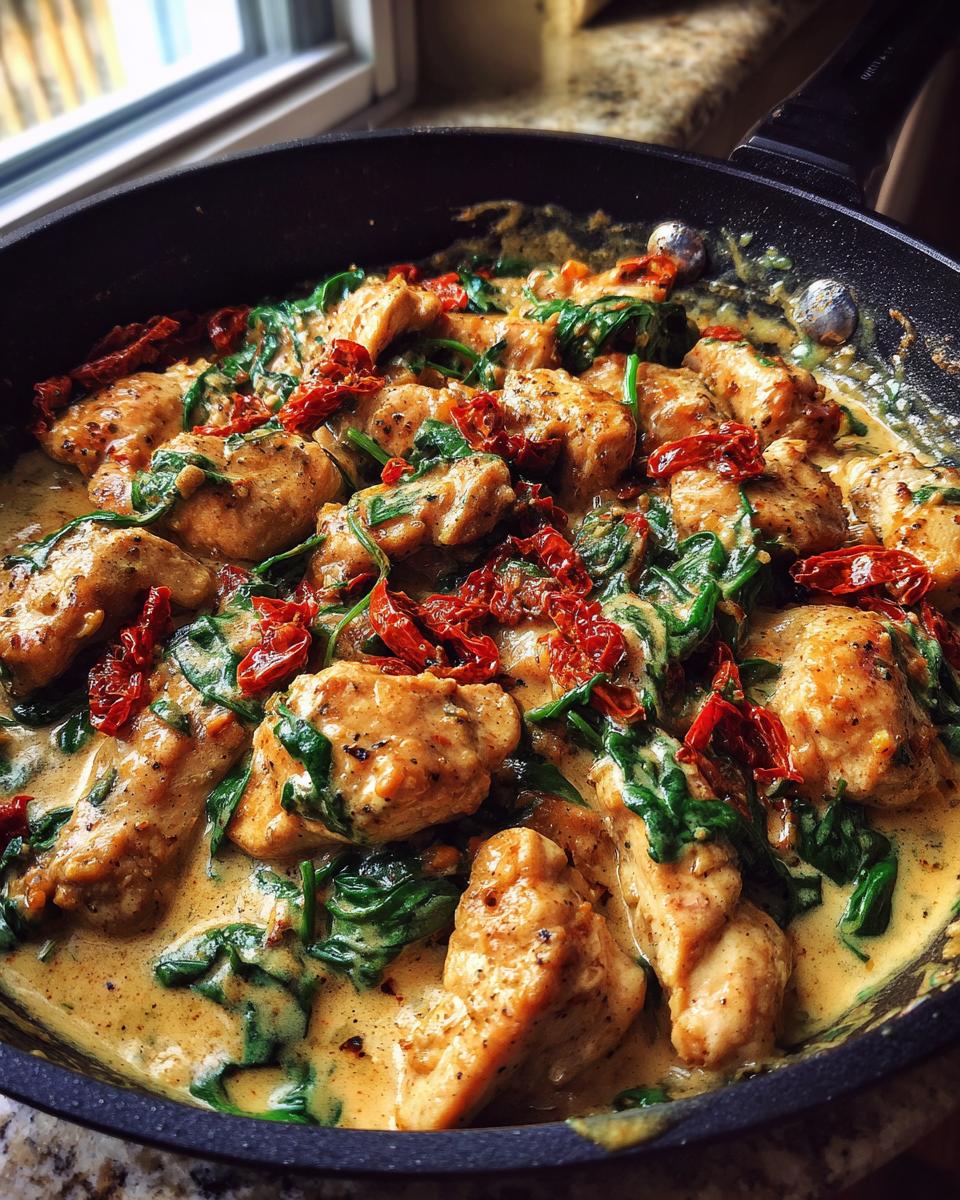 Close-up of Tuscan Chicken in Cream Sauce with spinach and sun-dried tomatoes in a black skillet.