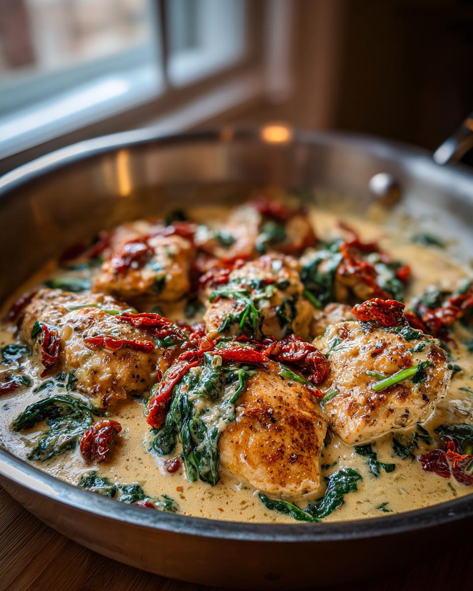 Close-up of succulent Tuscan Chicken in a rich cream sauce with spinach and sun-dried tomatoes.
