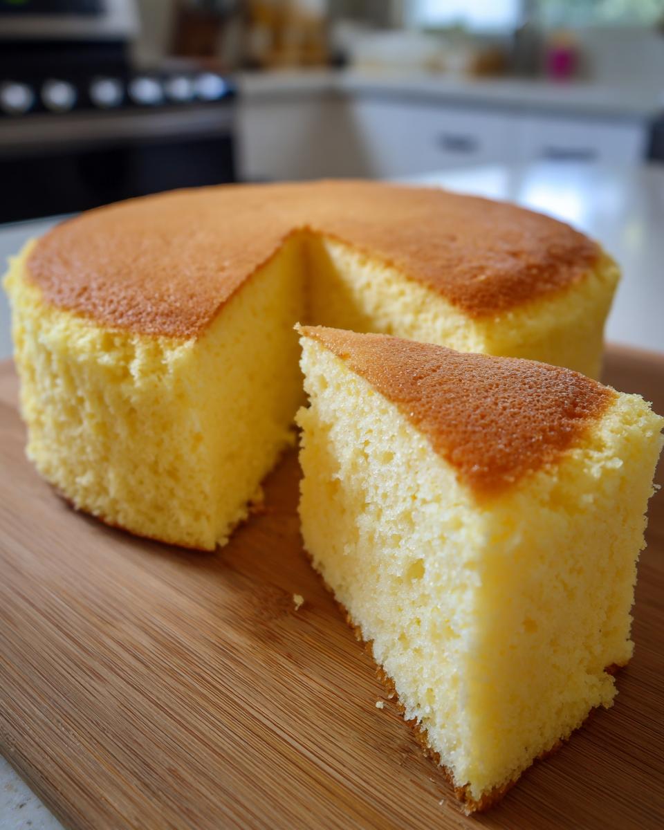 A slice of moist and fluffy yellow birthday cake on a wooden board, showcasing its tender crumb.