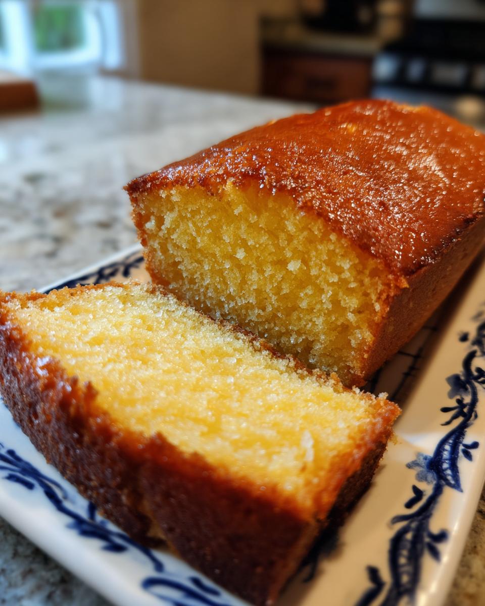 Close-up of a moist slice of yellow birthday cake with a glossy glaze on a decorative plate.