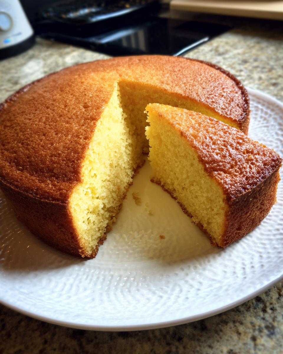 A slice of moist yellow birthday cake with a golden brown crust, served on a white plate.