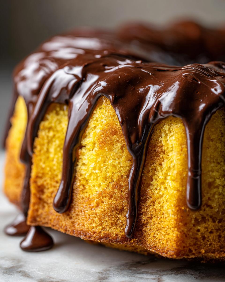 Close-up of a moist Yellow Bundt Cake With Chocolate Ganache, with rich chocolate ganache dripping down the sides.