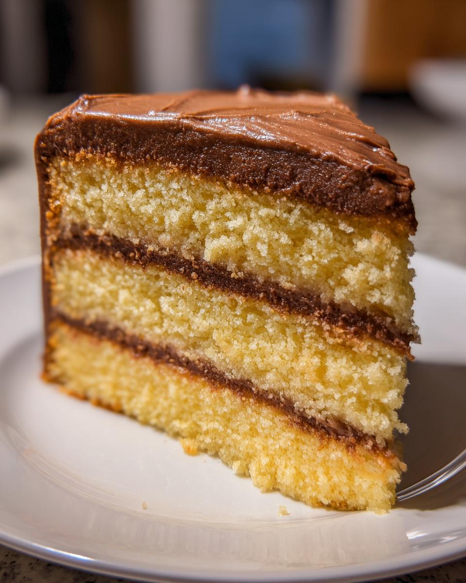 A tempting slice of Yellow Cake With Mocha Frosting, showing three layers of cake and two layers of frosting.