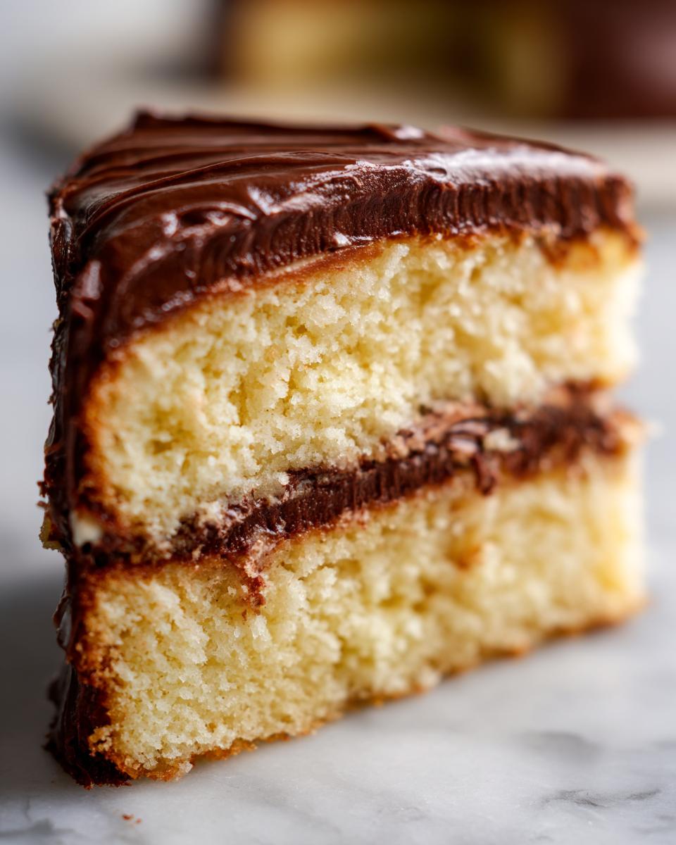 A close-up of a moist slice of Yellow Cake With Mocha Frosting, showing two layers of cake and rich chocolate frosting.