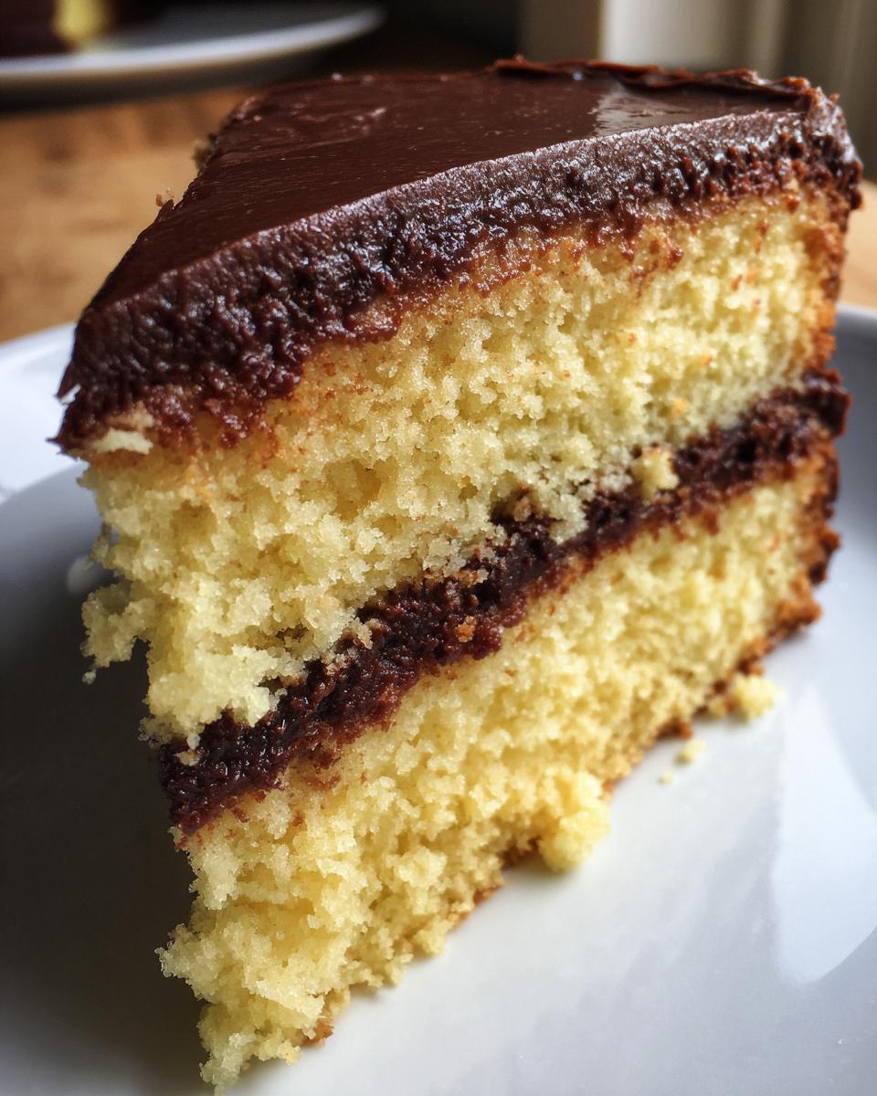 A close-up of a slice of moist yellow cake with a rich mocha frosting filling and topping.