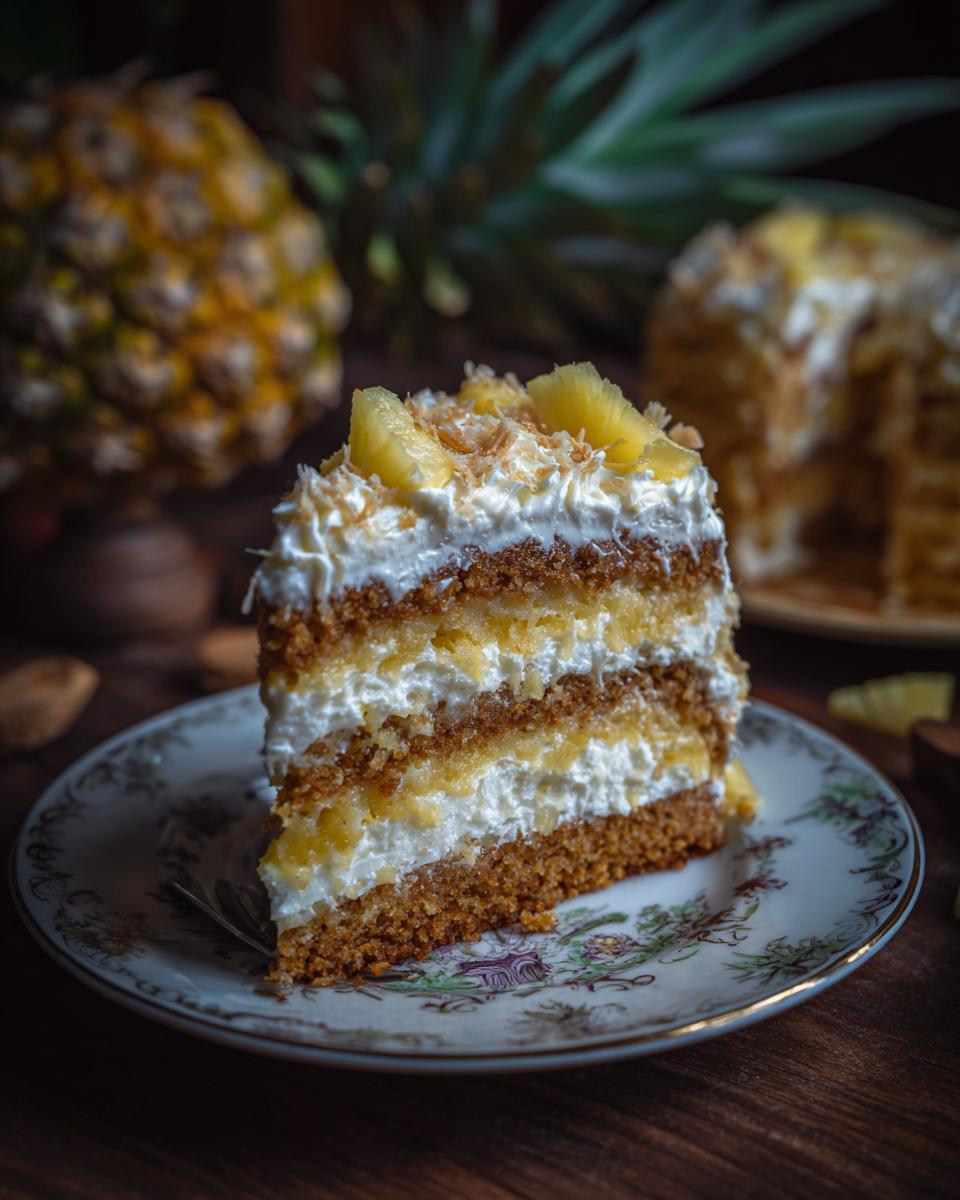A slice of moist Yellow Cake with Pineapple Frosting, layered with creamy frosting and pineapple chunks, topped with shredded coconut.