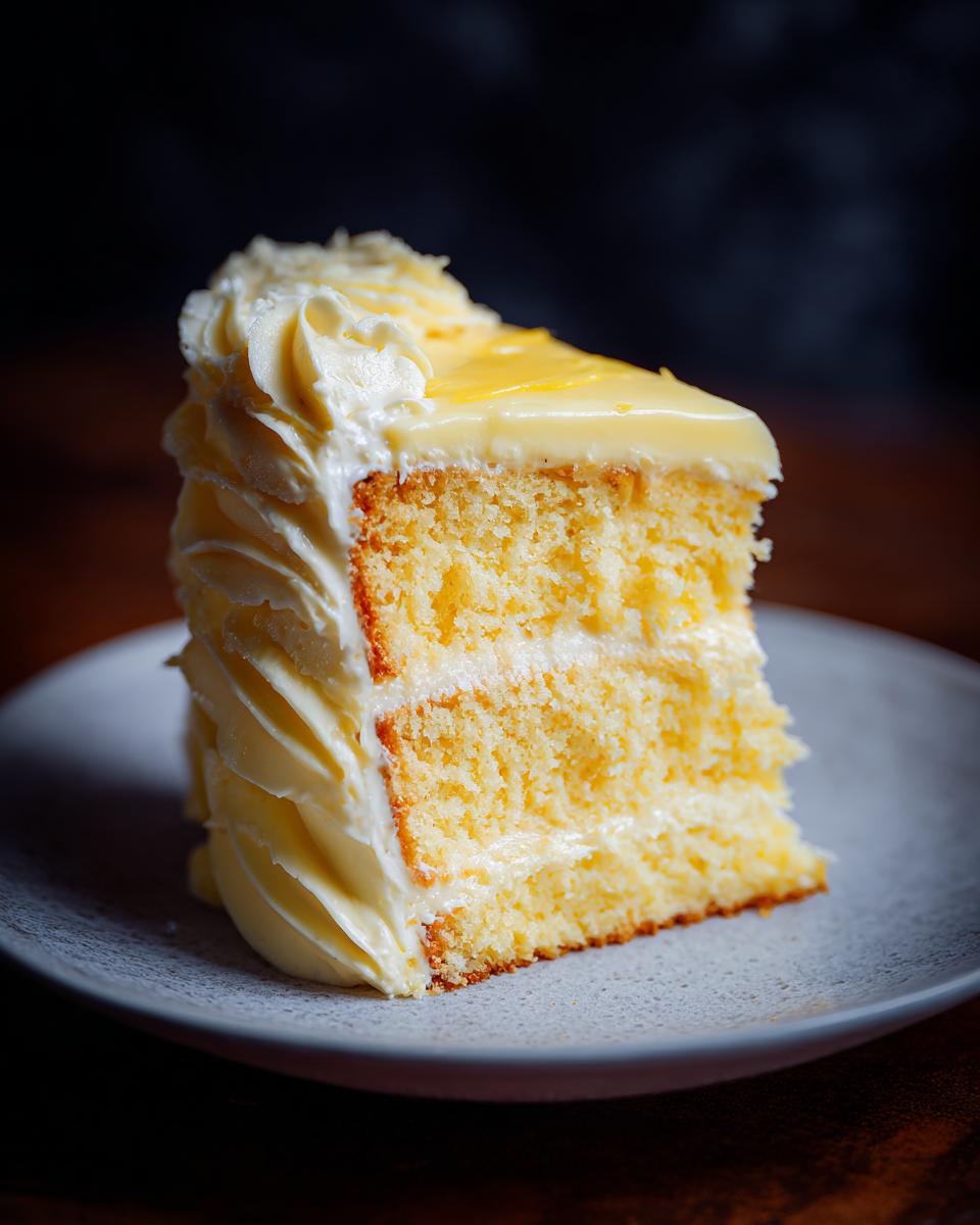A delicious slice of Yellow Cake With Pineapple Frosting, showing layers of cake and creamy frosting.