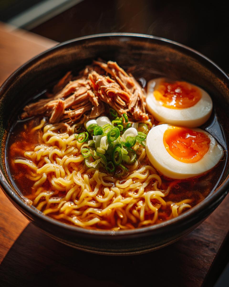 A close-up of a steaming bowl of Chicken Ramen featuring wavy noodles, shredded chicken, soft-boiled eggs, and scallions.