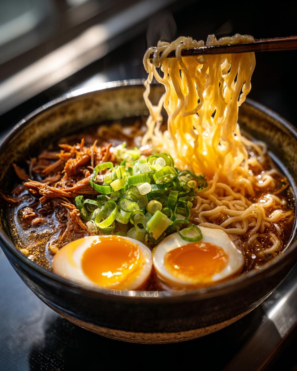 Chopsticks lifting steaming noodles from a bowl of Chicken Ramen topped with shredded chicken, soft-boiled eggs, and scallions.
