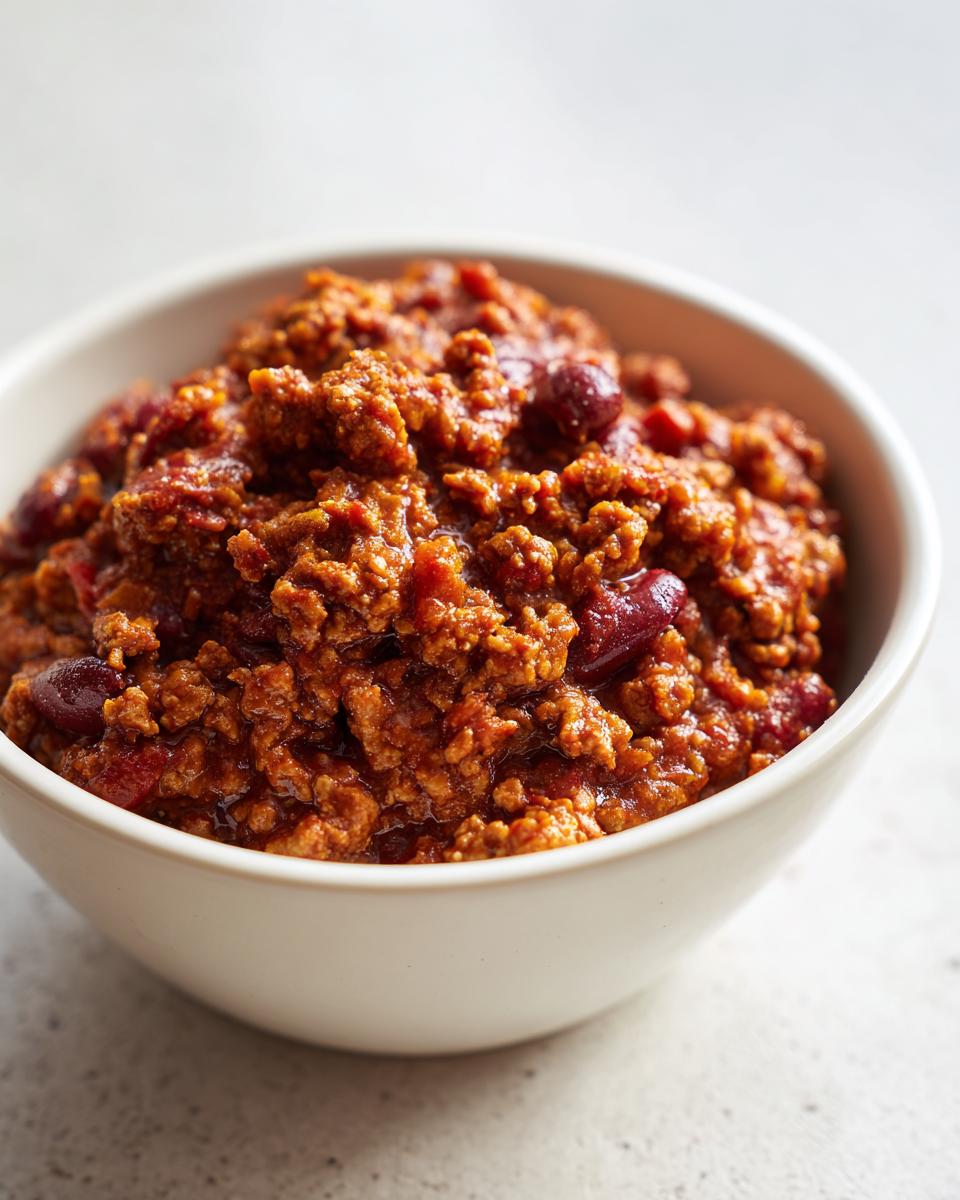 Close-up of a white bowl filled with rich, thick Chicken Chili featuring ground meat and kidney beans.