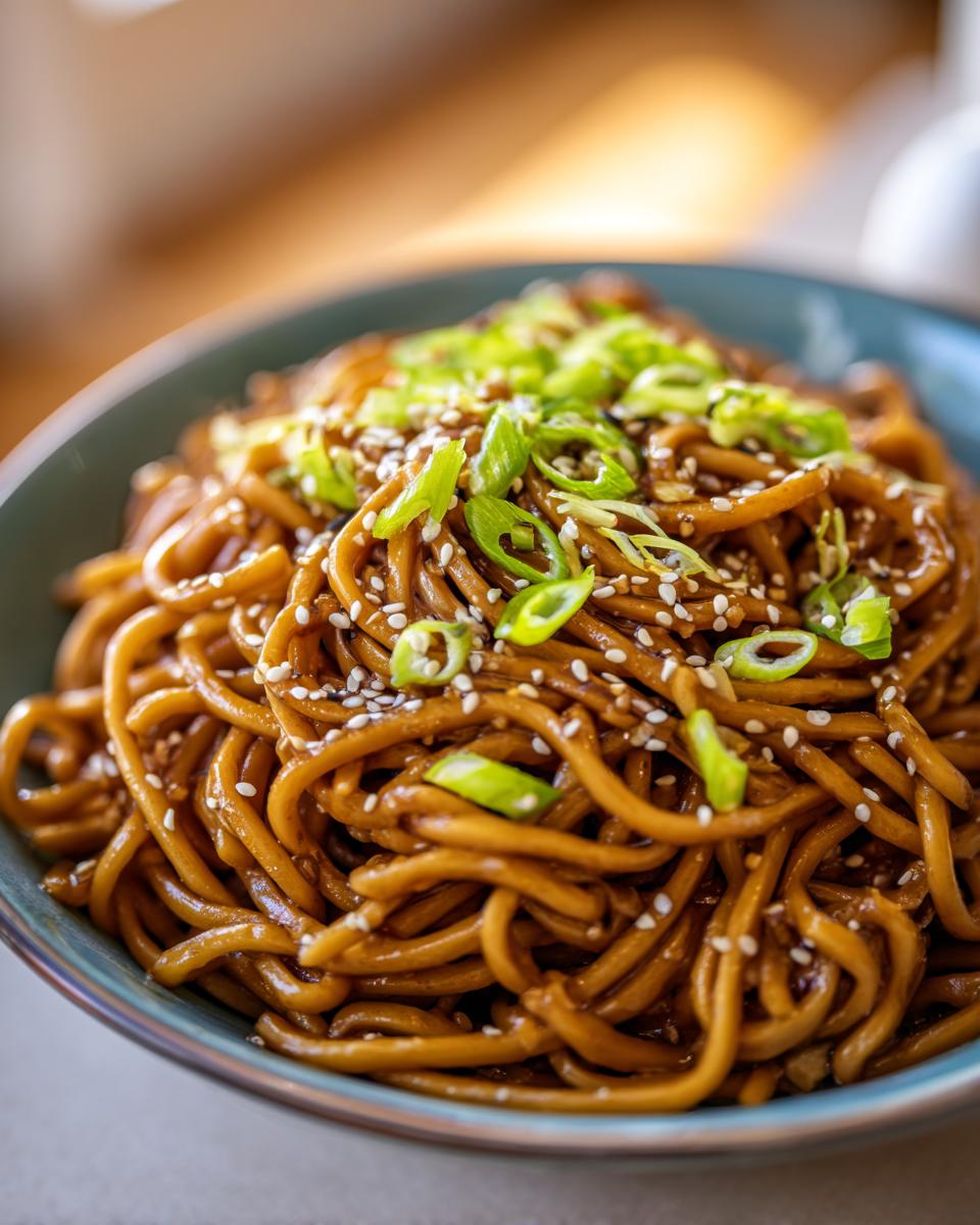 A close-up of glossy brown noodles in a teal bowl, topped with sliced green onions and sesame seeds, showcasing the Noodles Aesthetic.