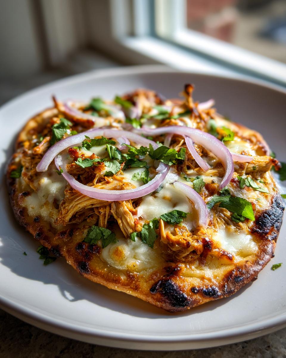 A close-up of a freshly baked Bbq Chicken Flatbread topped with melted cheese, pulled chicken, red onion slices, and cilantro.