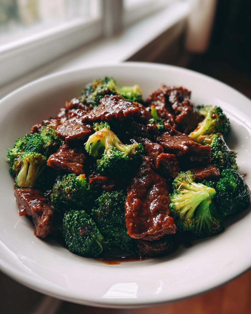 A close-up shot of tender slices of beef coated in dark sauce mixed with bright green broccoli florets in a white bowl, featuring Beef And Broccoli Stir Fry.