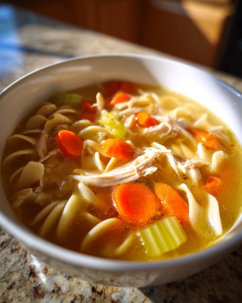 Close-up of a white bowl filled with steaming Chicken Noodle Soup, featuring shredded chicken, carrots, celery, and egg noodles.