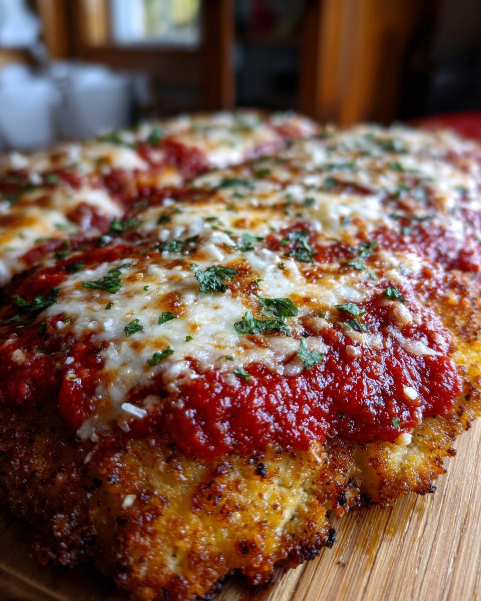 A close-up, appetizing shot of baked Chicken Parmesan topped with rich marinara sauce and melted mozzarella cheese, garnished with parsley.