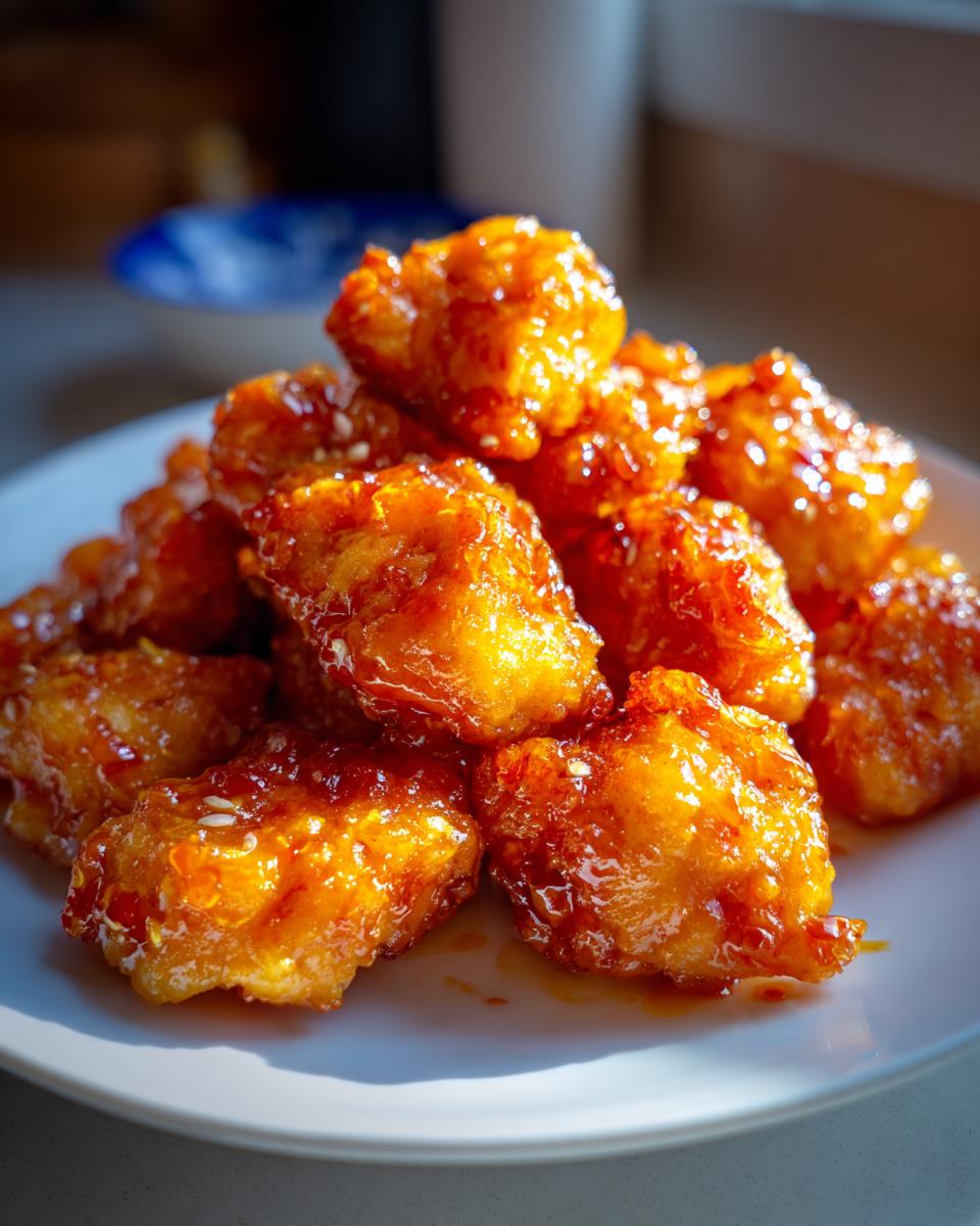 Close-up of crispy, glazed pieces of Orange Chicken piled on a white plate, glistening under the light.