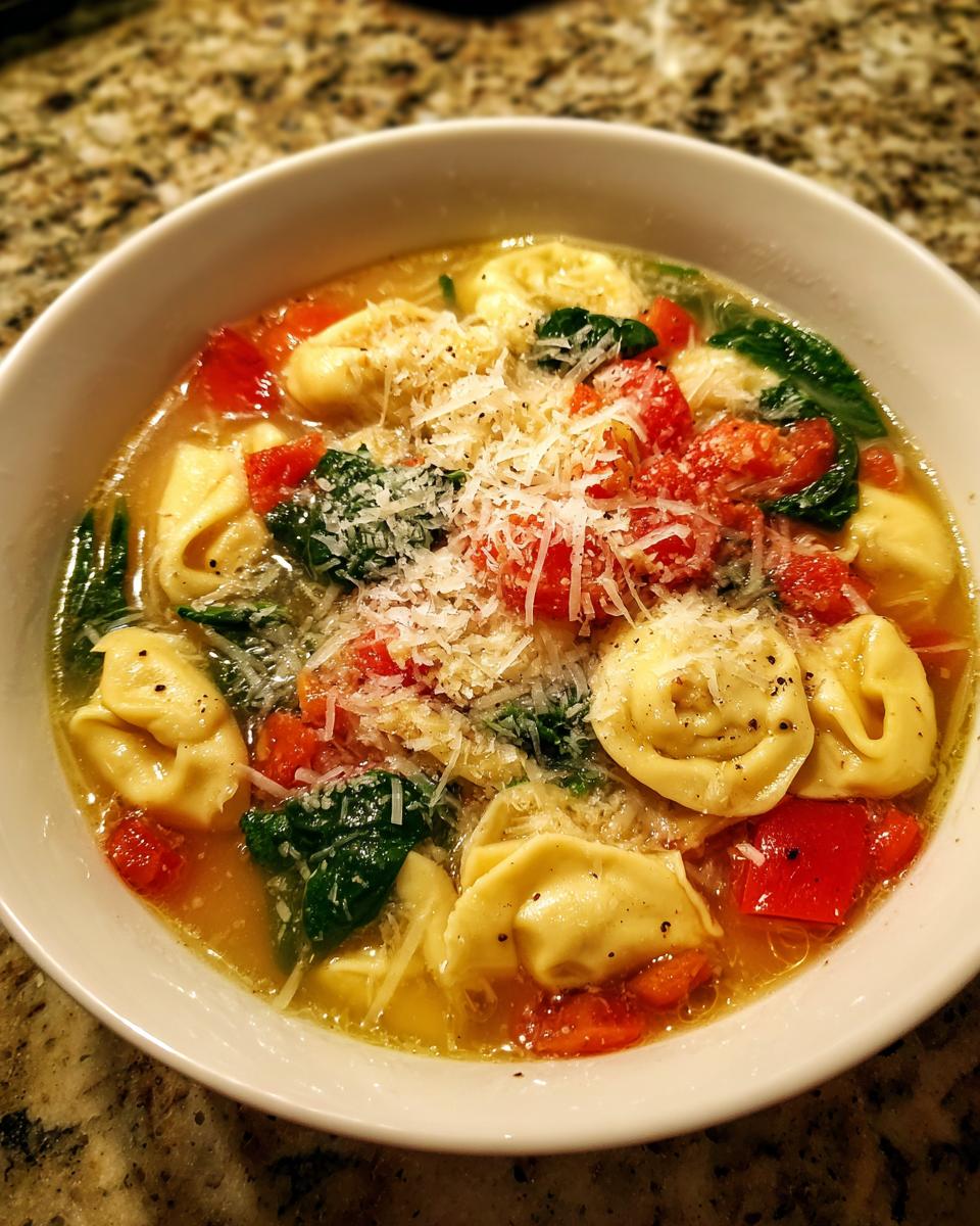 A close-up bowl of Amazing Tortellini Soup featuring cheese tortellini, tomatoes, spinach, and topped with grated Parmesan cheese.