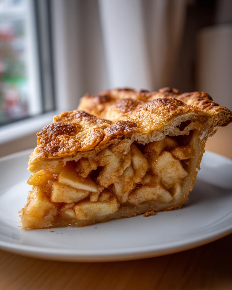 Close-up of a thick slice of homemade apple pie showing flaky crust and cinnamon-spiced apple filling, perfect for a Fathers Day Treat.