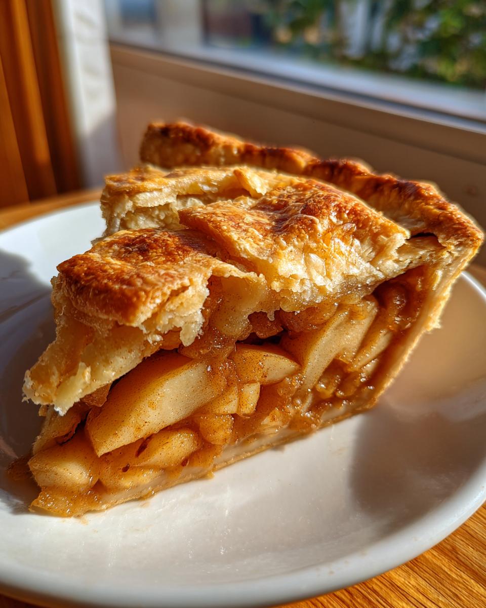 Close-up of a flaky, golden-brown slice of apple pie, perfect for a Fathers Day treat.