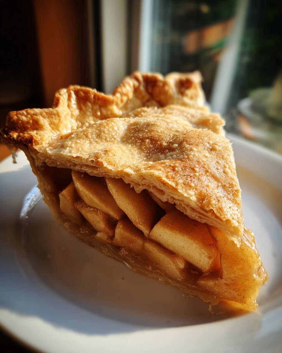 Close-up of a golden-crusted slice of apple pie showing layered apples, perfect for Fathers Day Treat recipes.