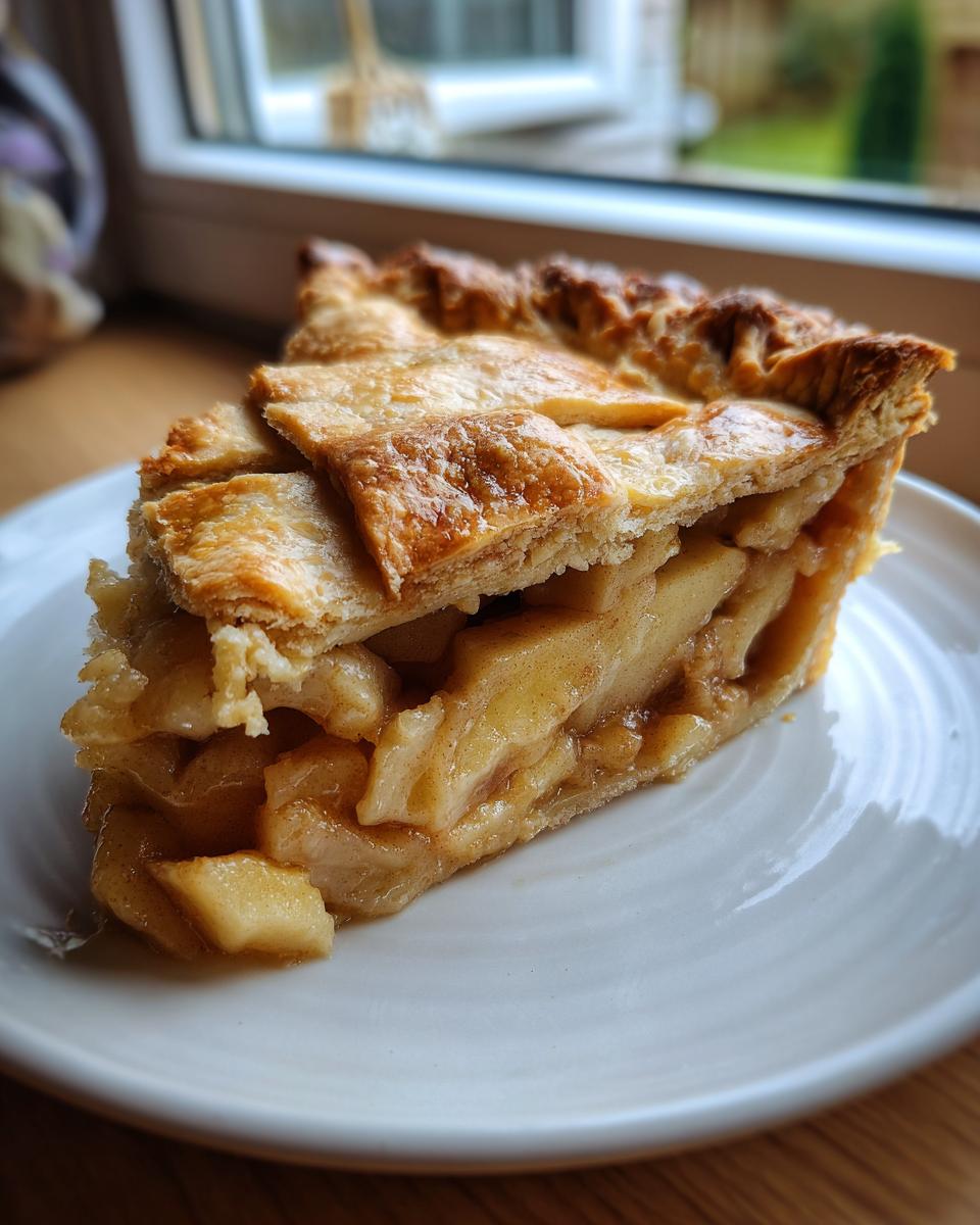 Close-up of a thick slice of apple pie with a lattice crust, perfect for one of the Twenty Five Must Bake Pie Recipes.