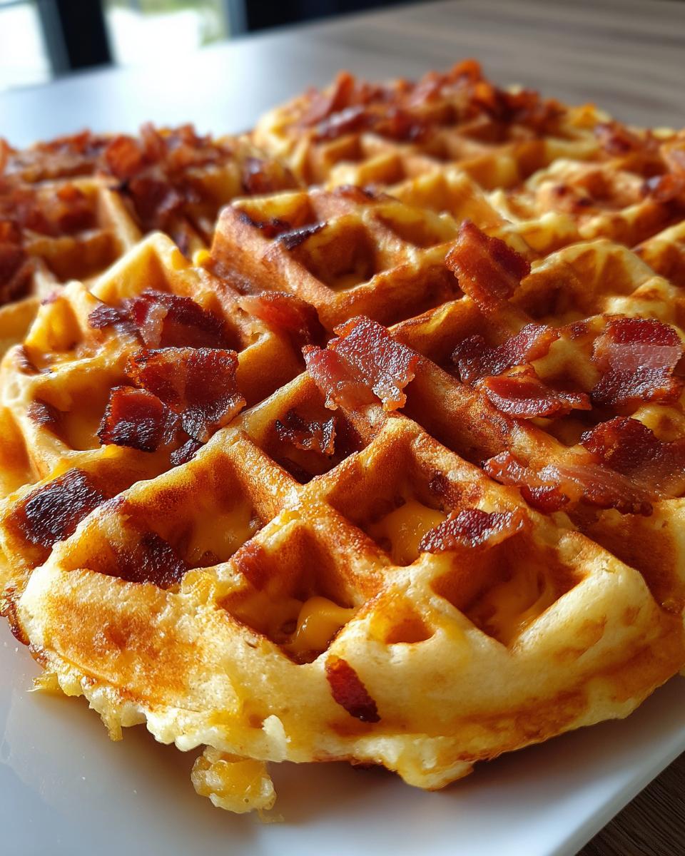Close-up of golden-brown Bacon And Cheese Loaded Waffles topped with crispy bacon bits.