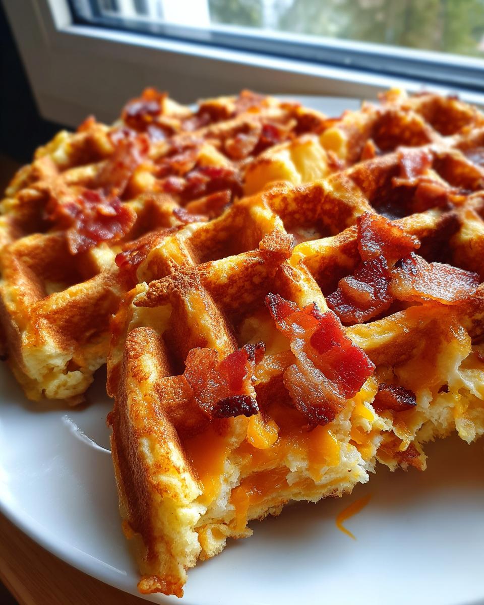 A close-up view of golden-brown Bacon And Cheese Loaded Waffles, showing melted cheddar cheese oozing out and crispy bacon bits on top.