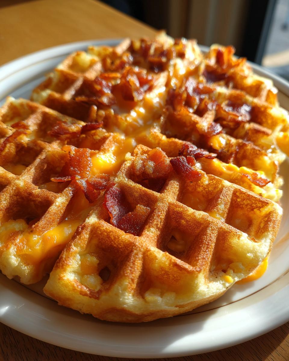 Close-up of two golden-brown Bacon And Cheese Loaded Waffles topped with melted cheddar and crispy bacon bits.