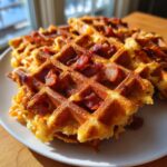 Close-up of crispy, golden Bacon And Cheese Loaded Waffles piled on a white plate near a sunny window.