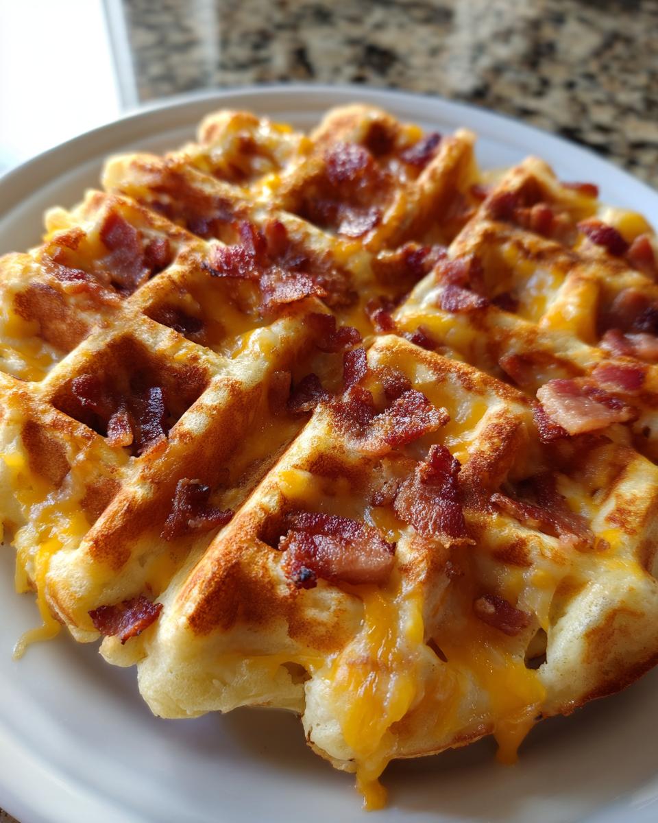 A close-up of a golden-brown waffle topped generously with melted cheddar cheese and crispy bacon bits, showcasing Bacon And Cheese Loaded Waffles Two.